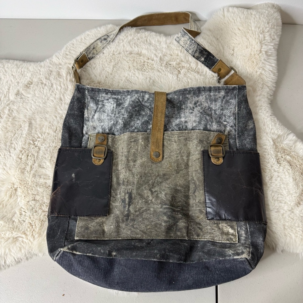 Mona B Black and Gray Canvas Leather Tote‎ Bag